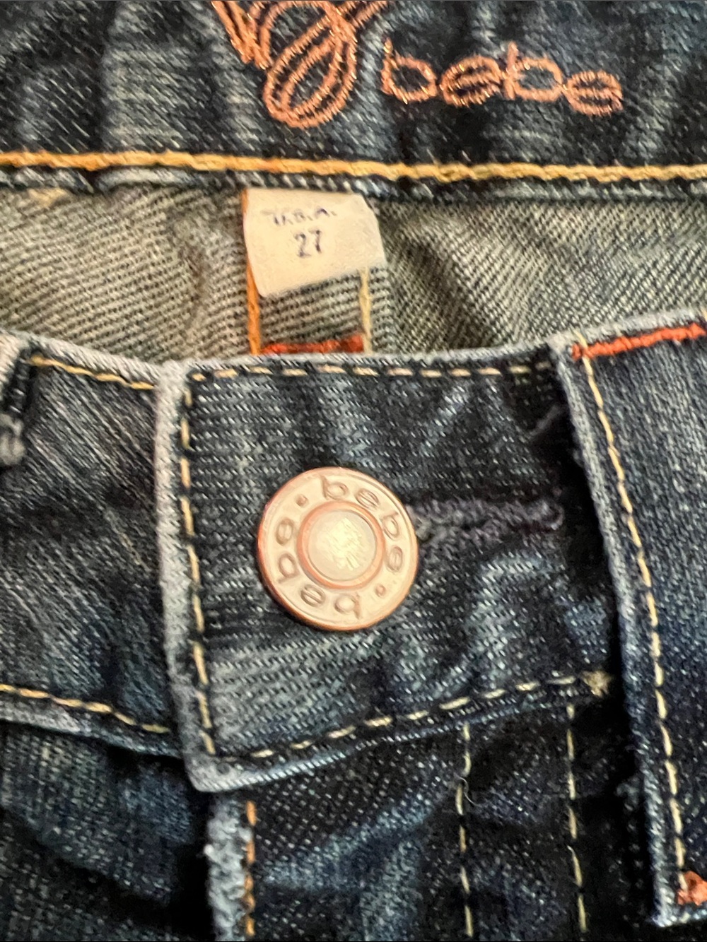 bebe Low-Rise Blue Denim Shorts with Rhinestone pockets, Sz 27